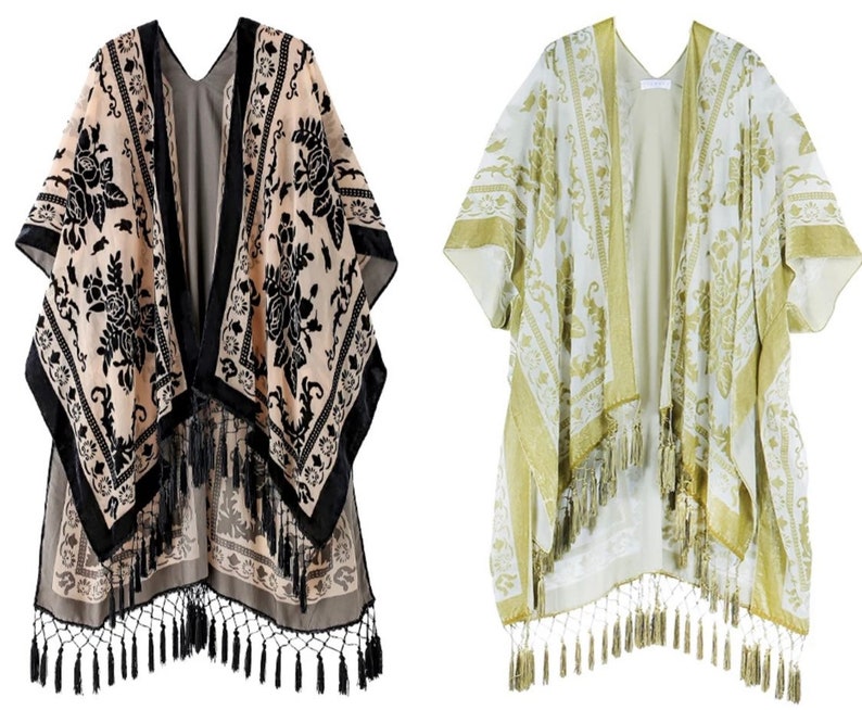 Velvet Burn out Devore Fringed Tassel Trim Opera Kimono Jacket Various Colours Green now in stock One Size image 7