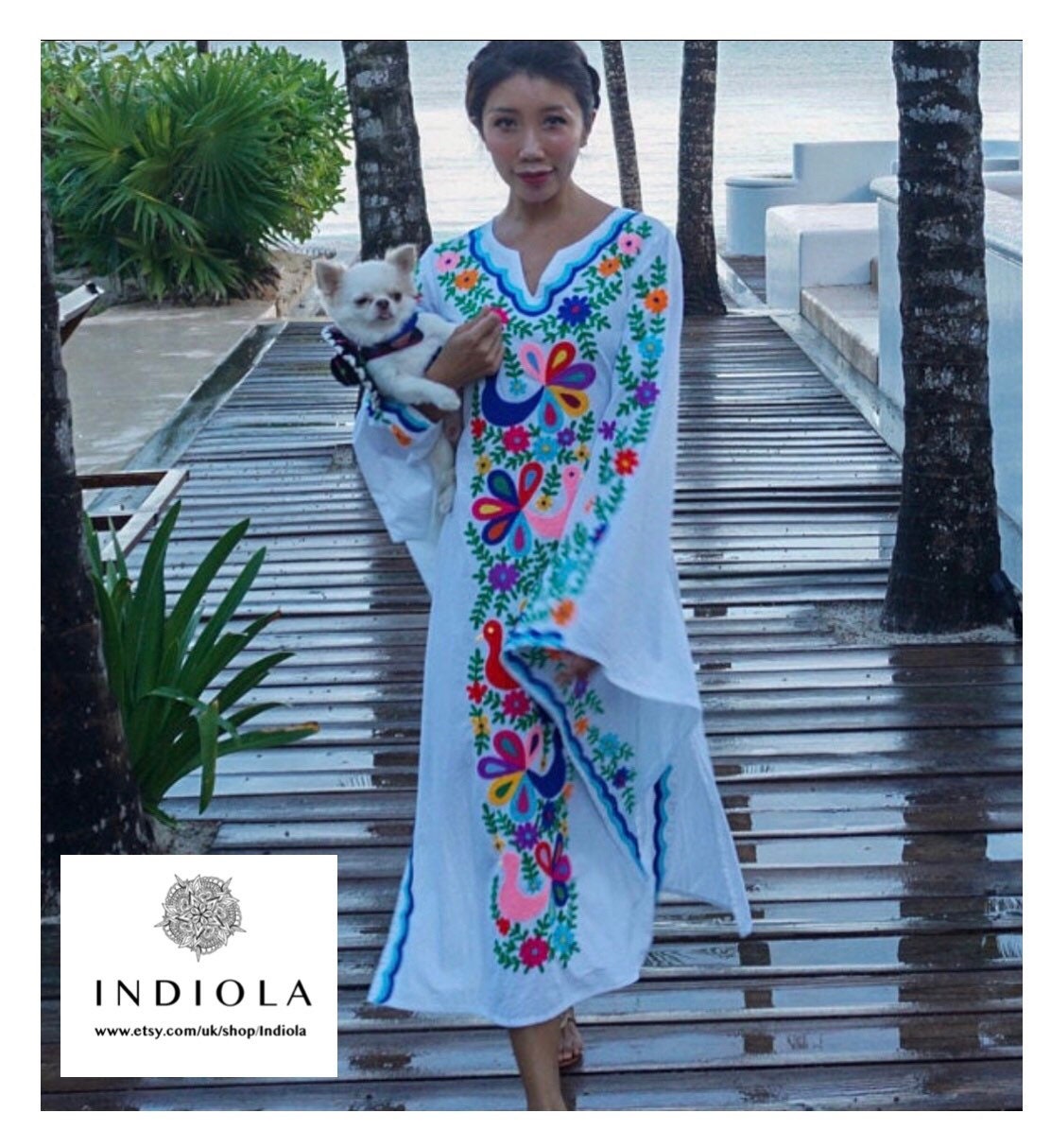 Image of Beautifully Embroidered Mexican Vintage Style Peacock Butterfly Sleeve S Kaftan Midi Wedding Beach Dress Us - Uk - Small