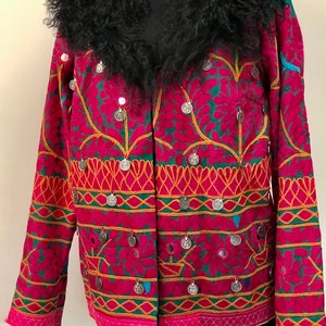 Vintage Colourful Indian Kutch Banjara Embroidered Embellished Jacket With Detachable real Mongolian Fur Collar M/L by INDIOLA