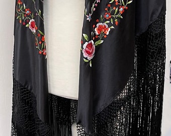 Vintage Stunning luxury large handmade fully embroidered black satin Manton de Manila with long fringe shawl. Made in Spain.