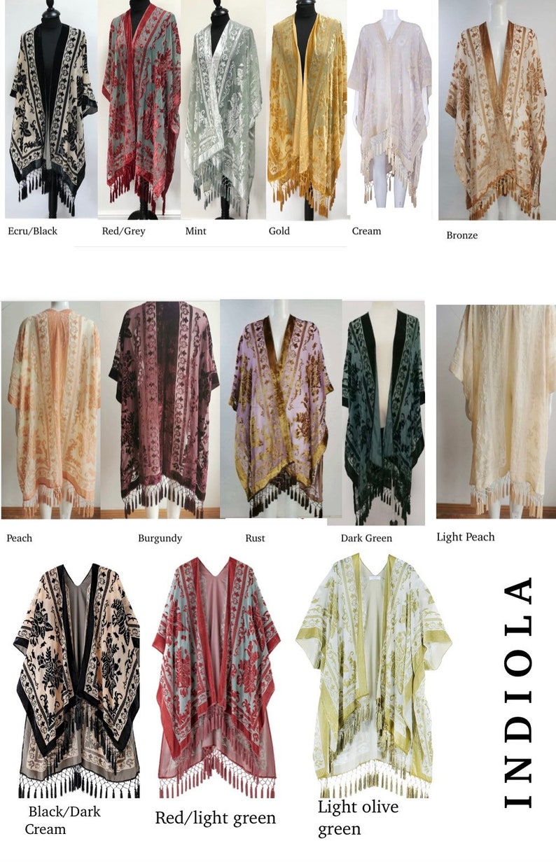 Velvet Burn out Devore Fringed Tassel Trim Opera Kimono Jacket Various Colours Green now in stock One Size image 1