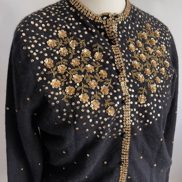 Vintage hand embellished  sequinned beaded Black 70% Lambs Wool & Angora Mix cardigan with gold embellishments Sz. L U.K. 14-16 US 10-12