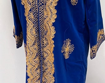 Moroccan Ethnic Long Velvet Kimono Robe in Royal Blue with handwork gold embroidery. L UK 16-18 US 12-14 New