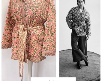 100% Organic Cotton Block print Floral  Indian Kantha East Belted Jacket. Size UK 18 US 14 XL New