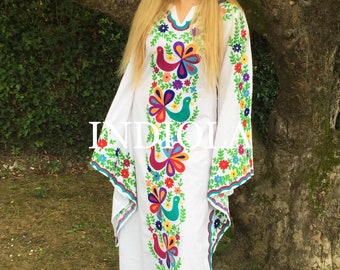 White cotton pachamama mexican style handwork embroidered butterfly sleeve kaftan maxi dress caftan kimono sleeve beach wedding S M L XL