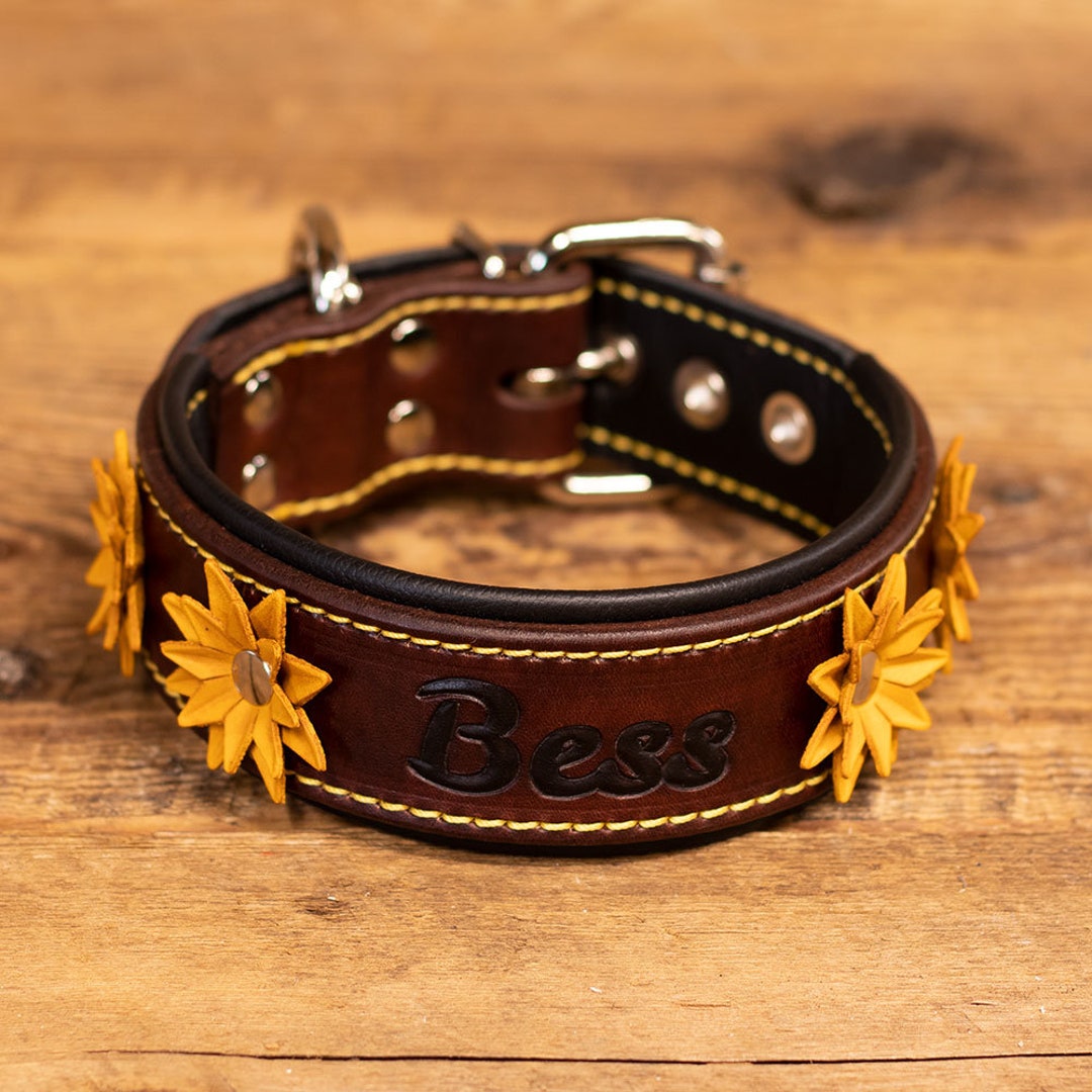 Leather Dog Collar With Leather Flowers Handcrafted Leather Dog Collar