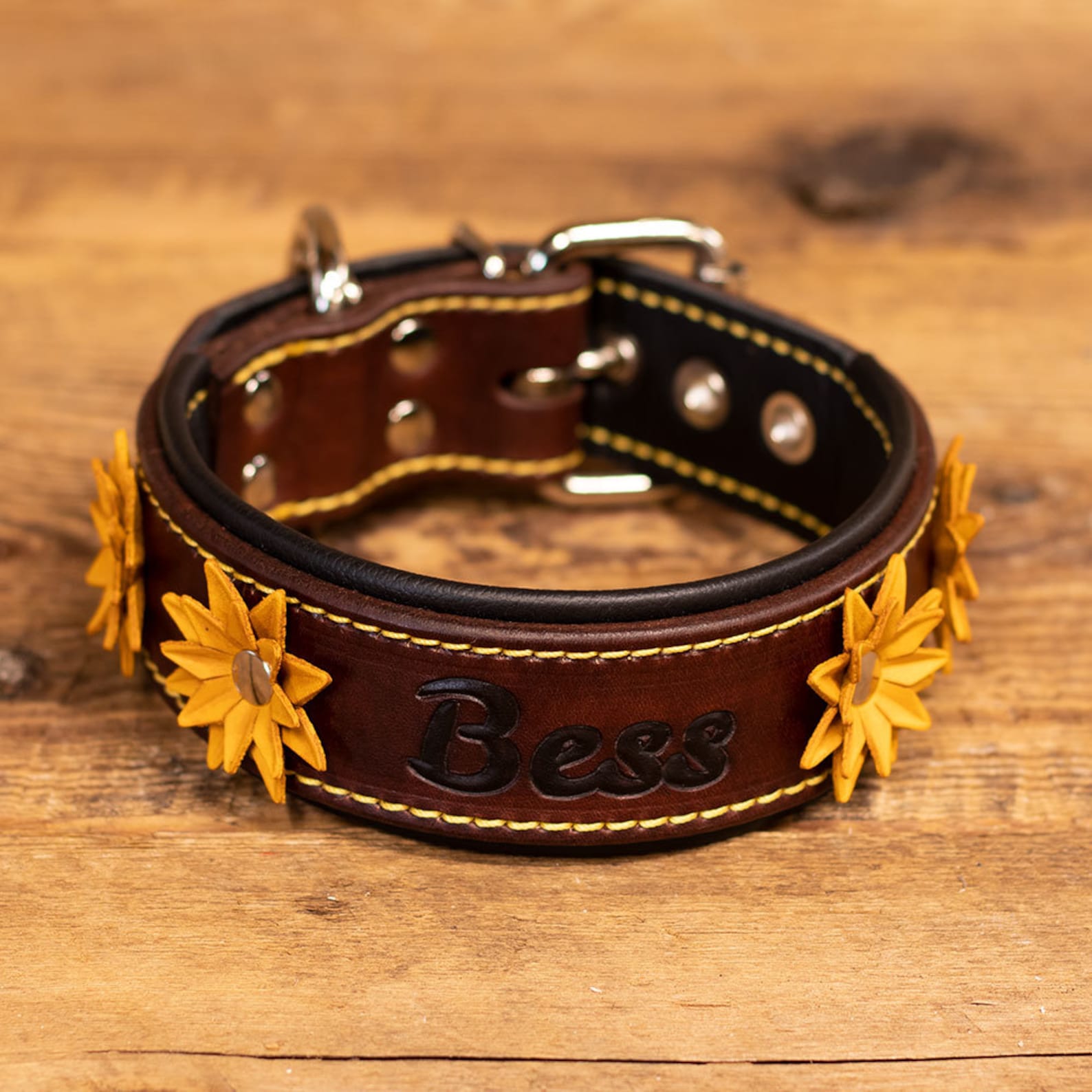 Leather Dog Collar With Leather Flowers Handcrafted Leather Dog Collar