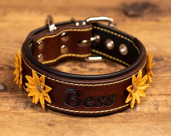 Leather Dog Collar with Leather Flowers - Handcrafted Leather Dog Collar-1&1/2 inch wide Real Leather Personalized Feminine collar