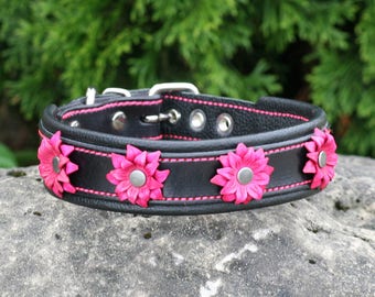 Leather Dog Collar - Handcrafted Flower Leather Dog Collar-  100%  Real Leather -Many Options Available-Quality Dog Collars
