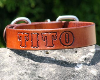 Leather Dog Collar with Font- Handcrafted Leather Dog Collars-  100%  Real Leather -Personalized Pets Name Stamped On - Good value