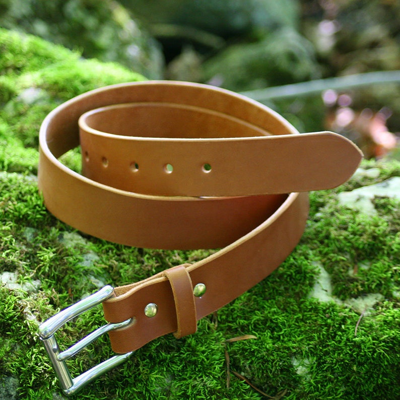 May include: A brown leather belt with a silver buckle. The belt is rolled up and sitting on a bed of green moss.