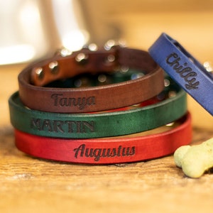 Small Personalized Leather Dog Collar - Handcrafted Leather Dog Collars for Tiny dogs -  Full Grain Leather - Personalized name laser etch