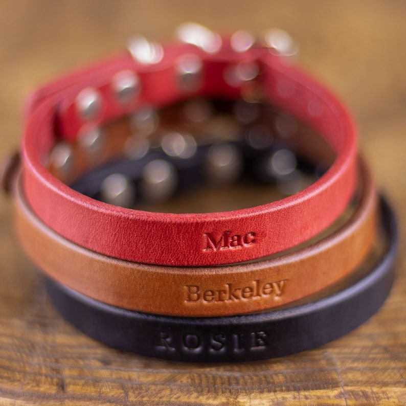 Small Personalized Leather Dog Collar Handcrafted Leather Dog Collars for Tiny dogs Full Grain Leather Personalized name embossed image 7
