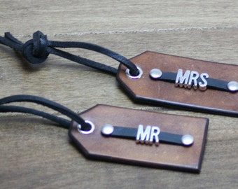 Leather Luggage Tags, Metal Font, Personalized,  Initials or Name,  2 Tags, Great gift for Newlyweds, Travelers, girlfriend, boyfriend