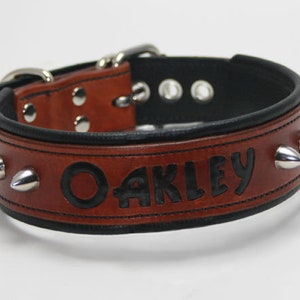 Leather Dog Collar With Spikes - Handcrafted Leather Dog Collar - 1&1/2 inch wide -  Real Leather - Personalized it with YOUR Pets Name!