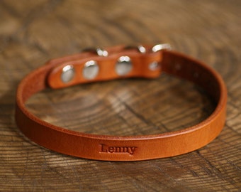 Small Personalized Leather Dog Collar - Handcrafted Leather Dog Collars for Tiny dogs -  100%  Real Leather - Personalized name embossed