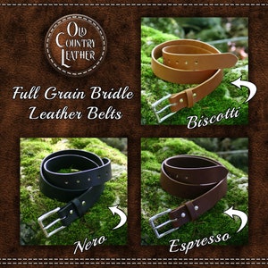 May include: Full grain bridle leather belts in three colors: Biscotti, Nero, and Espresso. The belts are shown on a mossy green background.