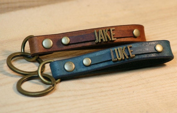 Leather Keychain with Metal letters Personalized key fob, Handcrafted Custom personalization. Quality Hardware.