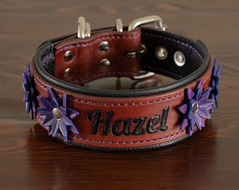 Flower Leather Dog Collar with Leather Flowers - Handcrafted Leather Dog Collar wide with Real Leather Great for female dogs