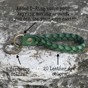 May include: A green leather braided keychain with a brass D-ring. The keychain is on a grey textured surface. The text "Added D-Ring keeps your keyring moving around, so you can use your keys easier." is above the keychain. The text "5 Hardware colours" is below the keychain on the left. The text "20 Leather dye colours" is below the keychain on the right.