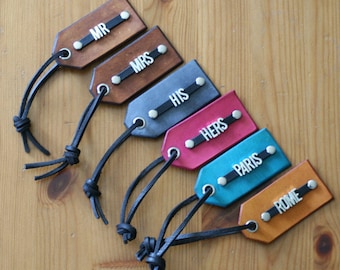 6 Leather Luggage Tags ~ Metal Font ~ Personalized ~ Initials or Name ~ 6 Tags ~ 3rd anniversary gift