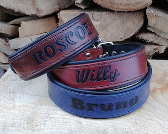 Quality Dog Collars Handcrafted Leather Dog Collar with your dogs name -1&1/2 inch wide- 100% Real Leather