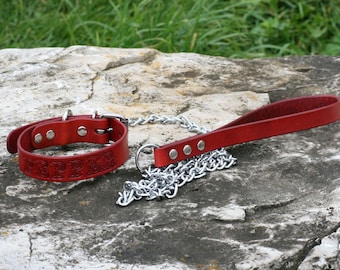 Conjunto de correa y collar - Collar de cuero artesanal para perro y correa a juego - 100 % cuero real. Nombre personalizado de la mascota estampado en el collar.