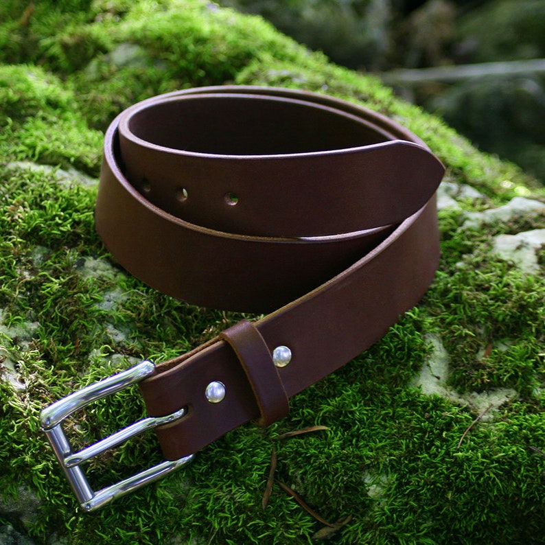 May include: A brown leather belt with a silver buckle. The belt is rolled up and lying on a bed of green moss.