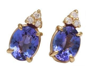 4.18ct Natural Tanzanite and Diamond 14k Solid Yellow Gold Earrings