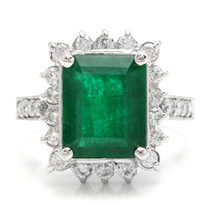 5.40ct Natural Emerald & Diamond 14k Solid White Gold Ring