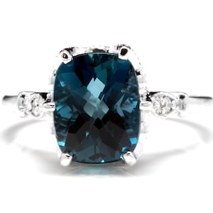 4.08 Karaat Natural London Blue Topaz en Diamond 14k Massief Wit Goud Ring