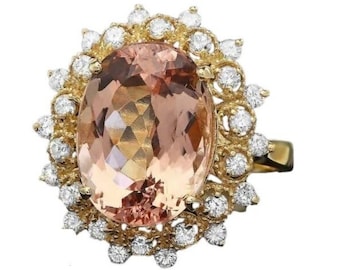 Anillo de oro amarillo sólido de 8,40 quilates de morganita natural y diamante de 14 quilates