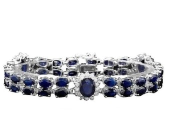 Bransoletka z litego białego złota 14K z naturalnym szafirem niebieskim i diamentami 30,60