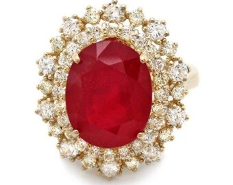 9.00 Carats Natural Red Ruby and Diamond 14K Solid Yellow Gold Ring