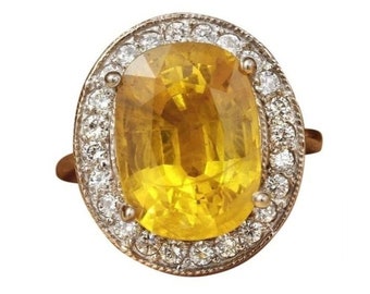 10.85ct Natuurlijke Onverwarmde Gele Saffier & Diamant 14k Solid White Gold Ring