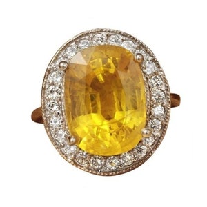 10.85ct Natural Unheated Yellow Sapphire & Diamond 14k Solid White Gold Ring