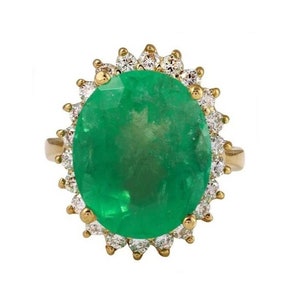 13.00ct Natural Emerald & Diamond 14k Solid Yellow Gold Ring