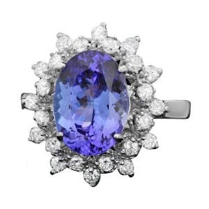 3.90 Carats Natural Tanzanite and Diamond 14K Solid White Gold Ring