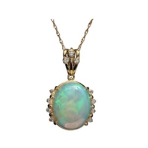 6.70Ct Natural Ethiopian Opal and Diamond 14K Solid Yellow Gold Necklace
