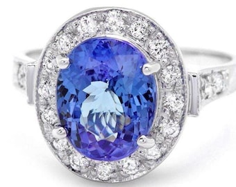 4.30 Quilates De Tanzanita Natural y Diamante 14K Anillo de Oro Blanco Sólido