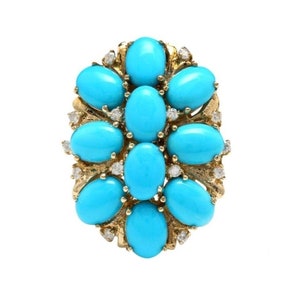6.80 Carats Natural Turquoise and Diamond 14k Solid Yellow Gold Ring