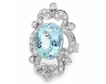 8.00 Carats Natural Aquamarine and Diamond 14K Solid White Gold Ring