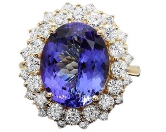 9.70 Carats Natural Tanzanite and Diamond 14k Solid Yellow Gold Ring