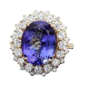 9.70 Quilates Tanzanita Natural y Diamante 14k Anillo de Oro Amarillo Sólido