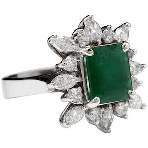 4.56ct Natural Emerald & Diamond 14k Solid White Gold Ring