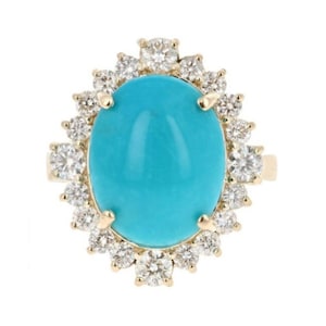 8.10 Carats Natural Turquoise and Diamond 14k Solid Yellow Gold Ring