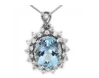 6.10Ct Natural Aquamarine and  Diamond 14K Solid White Gold Pendant