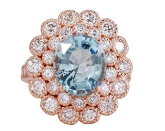 Anillo de oro rosa macizo de 6.00 quilates de aguamarina natural y diamante de 14k