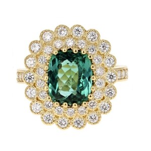 4.45 Carats Natural Green Tourmaline and Diamond 14k Solid Yellow Gold Ring