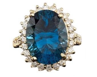 12.90ct Natural Blue Topaz & Diamond 14k Solid Yellow Gold Ring
